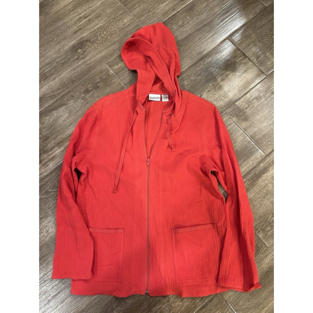 Chicos Women's Size 0 Red Gauzy Cotton Hooded Zip Up Shirt 100 Cotton Light